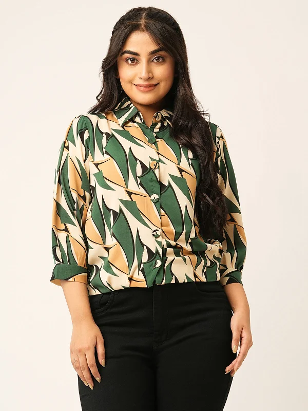 Odette Green Synthetic Printed Stitched Shirt For Women