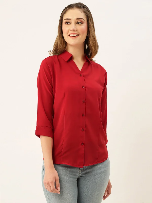 Odette Red Synthetic Solid Stitched Shirt For Women