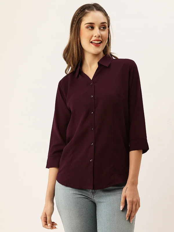 Odette Wine Synthetic Solid Stitched Shirt For Women