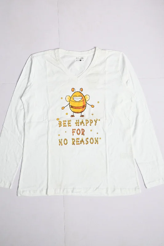 Women's Bee Happy Printed V-Neck Long Sleeve Tee Shirt