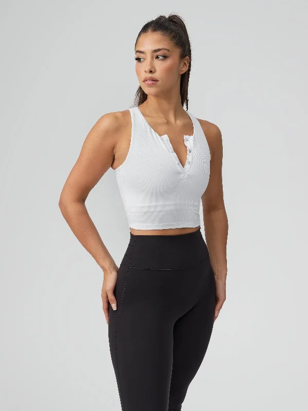 Henley Ribbed Crop - White