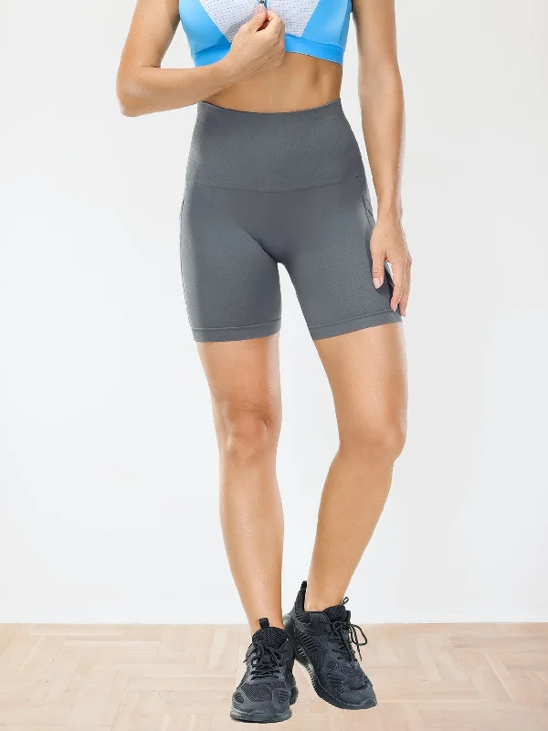 High Waist Biker Shorts with Pockets Tummy Control Grey