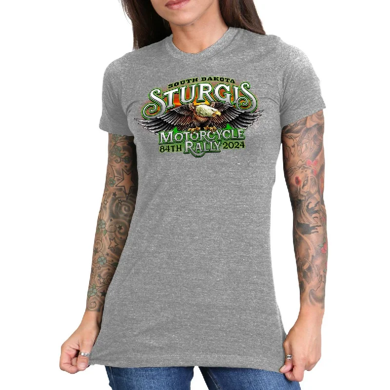 2024 Sturgis Women's #1 Design Eagle & Skull Heather Gray Motorcycle Rally T-Shirt SPL1887