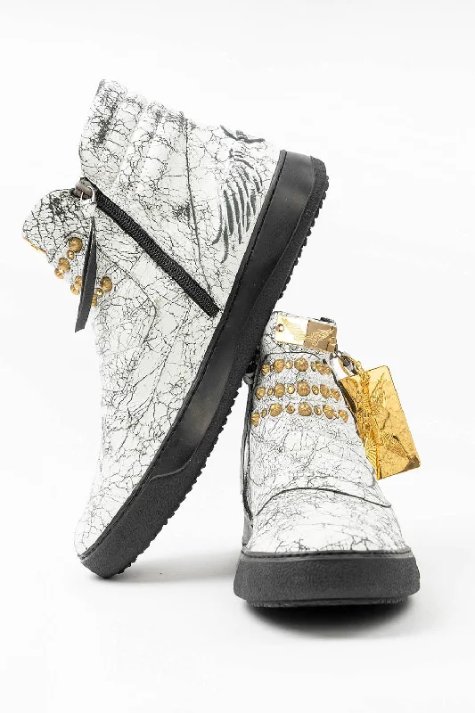 MENS MID TOP BIKER SHOES IN CRACKLED WHITE  LEATHER WITH CRYSTALS AND STUDS