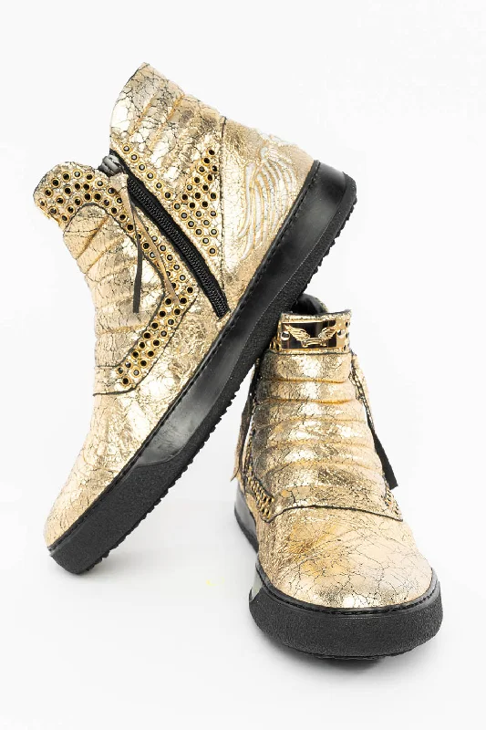 MENS MID TOP BIKER SHOES IN CRACKLED GOLD LEATHER WITH CRYSTAL EMBELLISHMENT