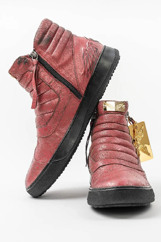 MENS MID TOP BIKER SHOES IN CRACKLED RED