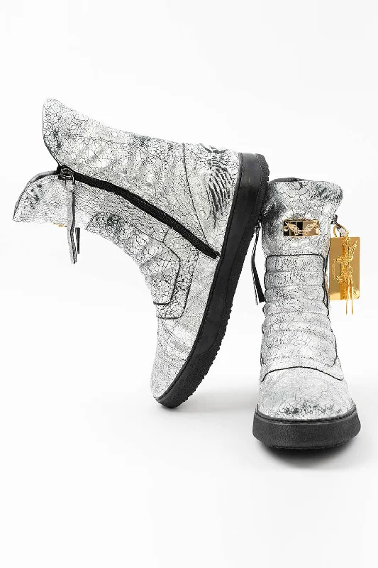 MENS HIGH TOP BIKER SHOES IN CRACKLED SILVER