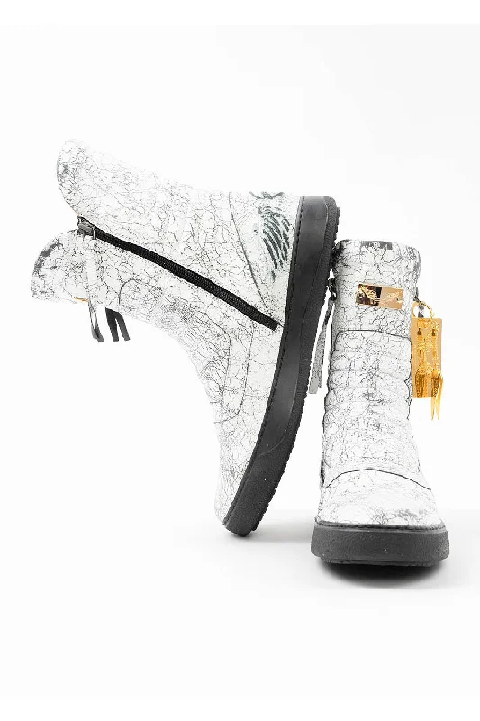 MENS HIGH TOP BIKER SHOES IN CRACKLED WHITE