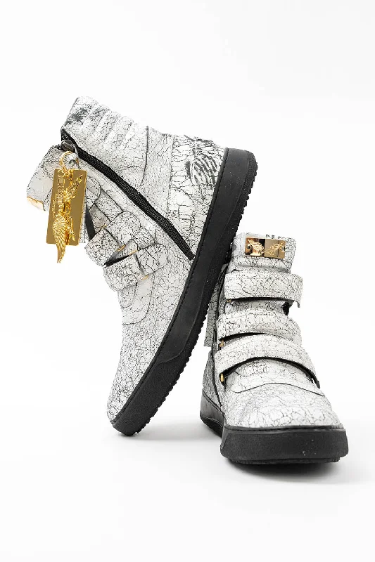 MENS HIGH TOP VELCRO  SHOES IN CRACKLED WHITE