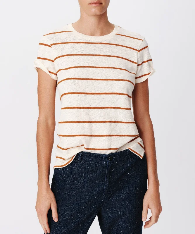 Slub Jersey Stripe Schoolboy Short Sleeve Crew Neck Tee - Irish Cream-Cornelian Stone