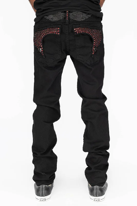 KILLER FLAP MENS SKINNY JEANS IN PURE BLACK WITH BLK TONAL WINGS AND FULL RED CRYSTALS