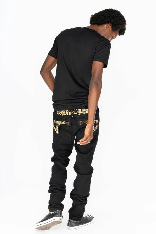 KILLER FLAP MENS SKINNY JEANS IN PURE BLACK WITH GOLD GOTHIC EMBROIDERY AND FULL BLACK & GOLD CRYSTALS