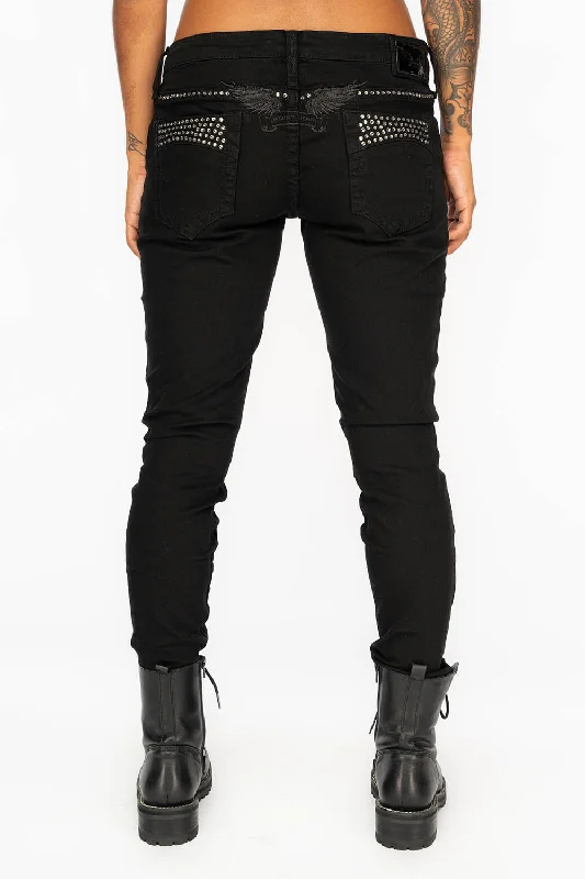 MARILYN WOMENS DISTRESSED & REPAIRED STUDDED SKINNY JEANS IN BLACK WITH BLACK WINGS AND CLEAR CRYSTALS