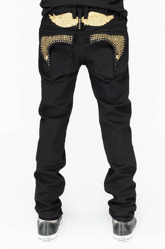 KILLER FLAP MENS SKINNY JEANS IN PURE BLACK WITH GOLD WINGS AND FULL CRYSTAL